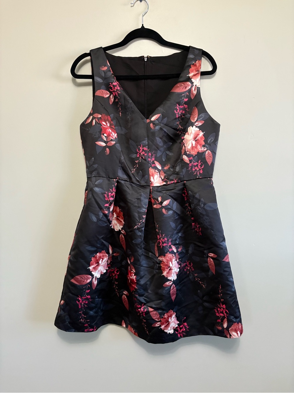 Floral Black Fit-and-Flare Dress with Pink Rose Print